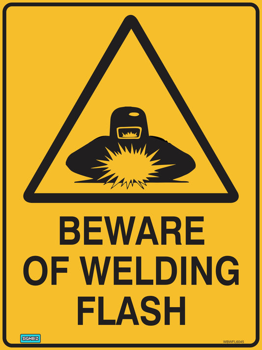 Warning Beware Welding Flash sign features a yellow triangle with a person welding, sparks, and mask. Bold black text says "BEWARE OF WELDING FLASH." Complies with AS/NZ 1319-1994 safety sign standards.