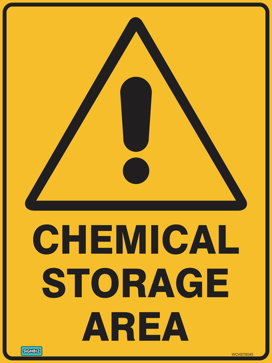 A yellow hazard sign with a black exclamation mark inside a triangle appears above the words "Warning Chemical Storage" in bold black letters, promoting workplace safety.