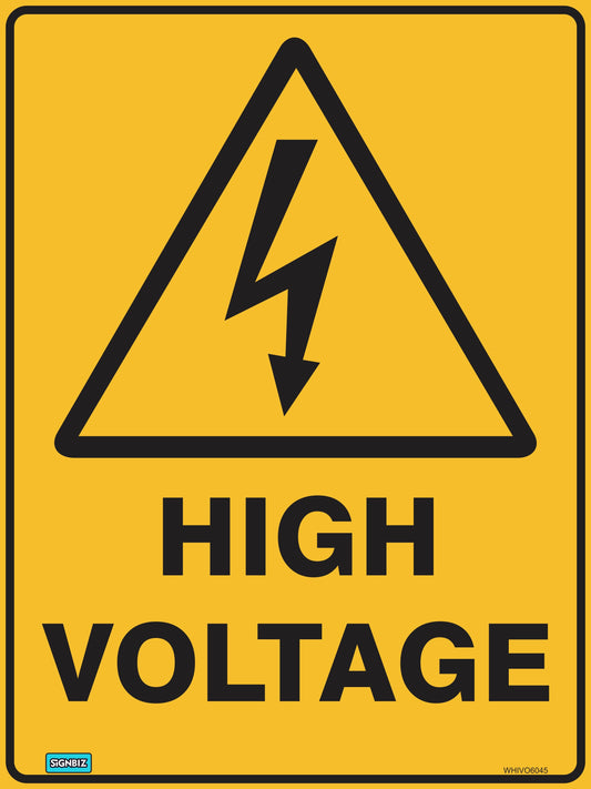 The Warning High Voltage sign features a yellow background with a black triangle and lightning bolt above bold "HIGH VOLTAGE" text, designed per AS/NZ 1319-1994 standards to alert of electrical hazards.