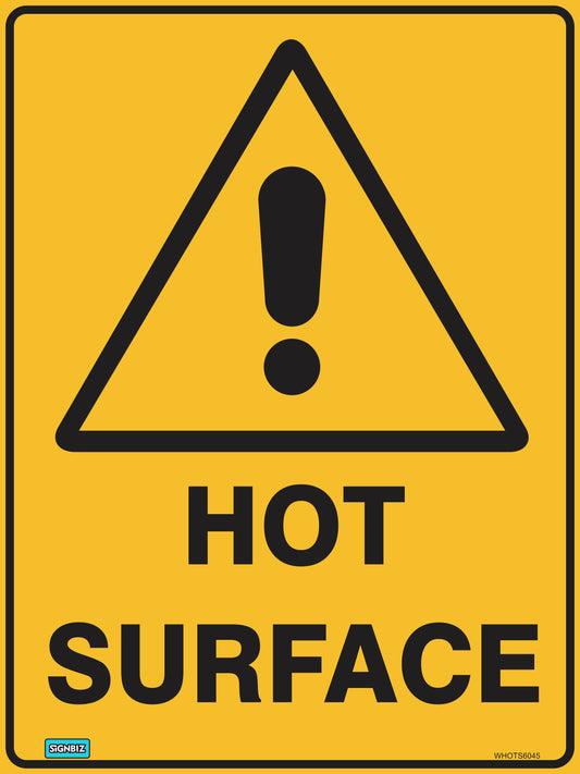 The "Warning Hot Surface" sign features a yellow triangle with a black exclamation mark above bold text reading "HOT SURFACE," alerting users to potential danger.