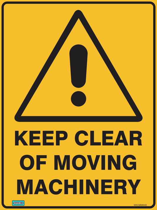 Yellow hazard sign with large black exclamation mark in a triangle above bold text "Warning Keep Clear Moving Mach," promoting workplace safety near machinery.