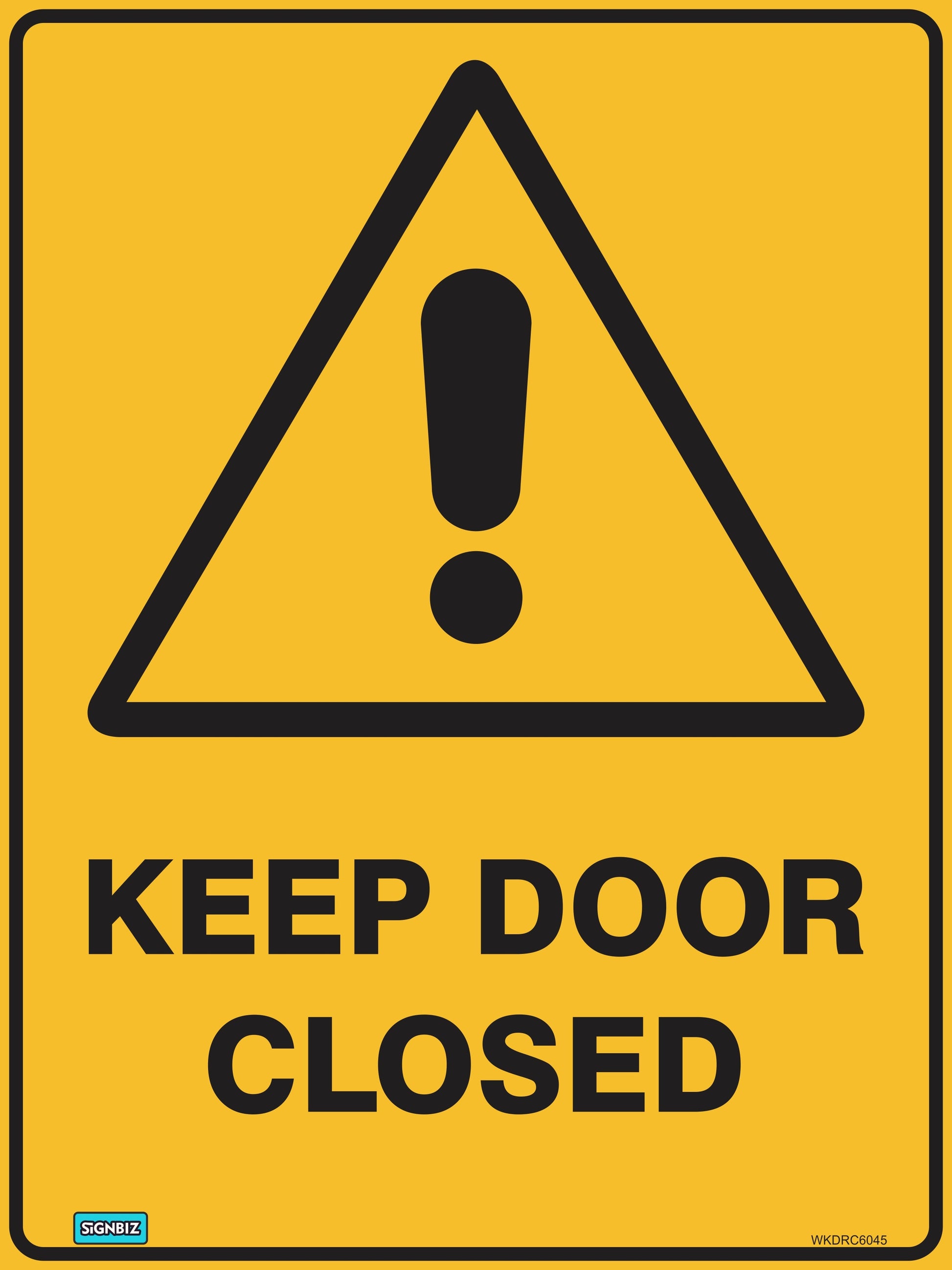 A yellow hazard warning sign with a black exclamation mark in a triangle above bold black text reading "WARNING KEEP DOOR CLEAR.