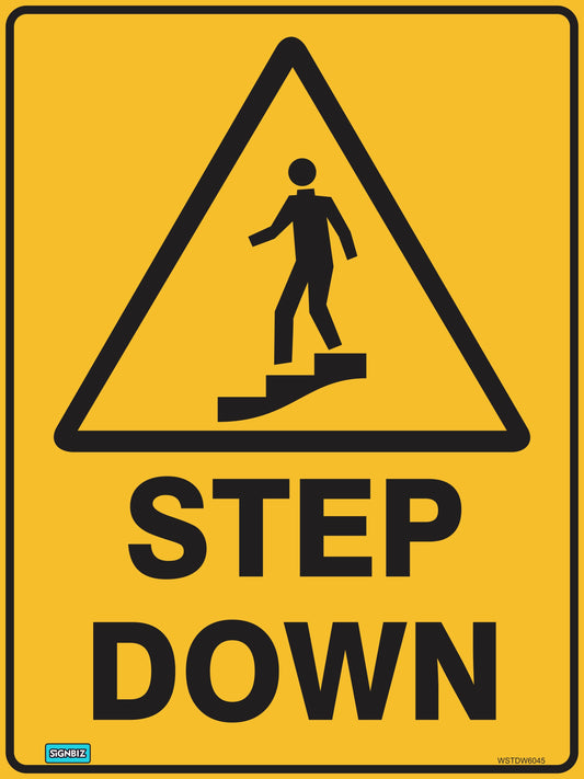 Warning Step Down sign with a yellow triangle showing a person walking down steps, and bold black "STEP DOWN" text. Complies with AS/NZ 1319-1994 to alert pedestrians of hazards.