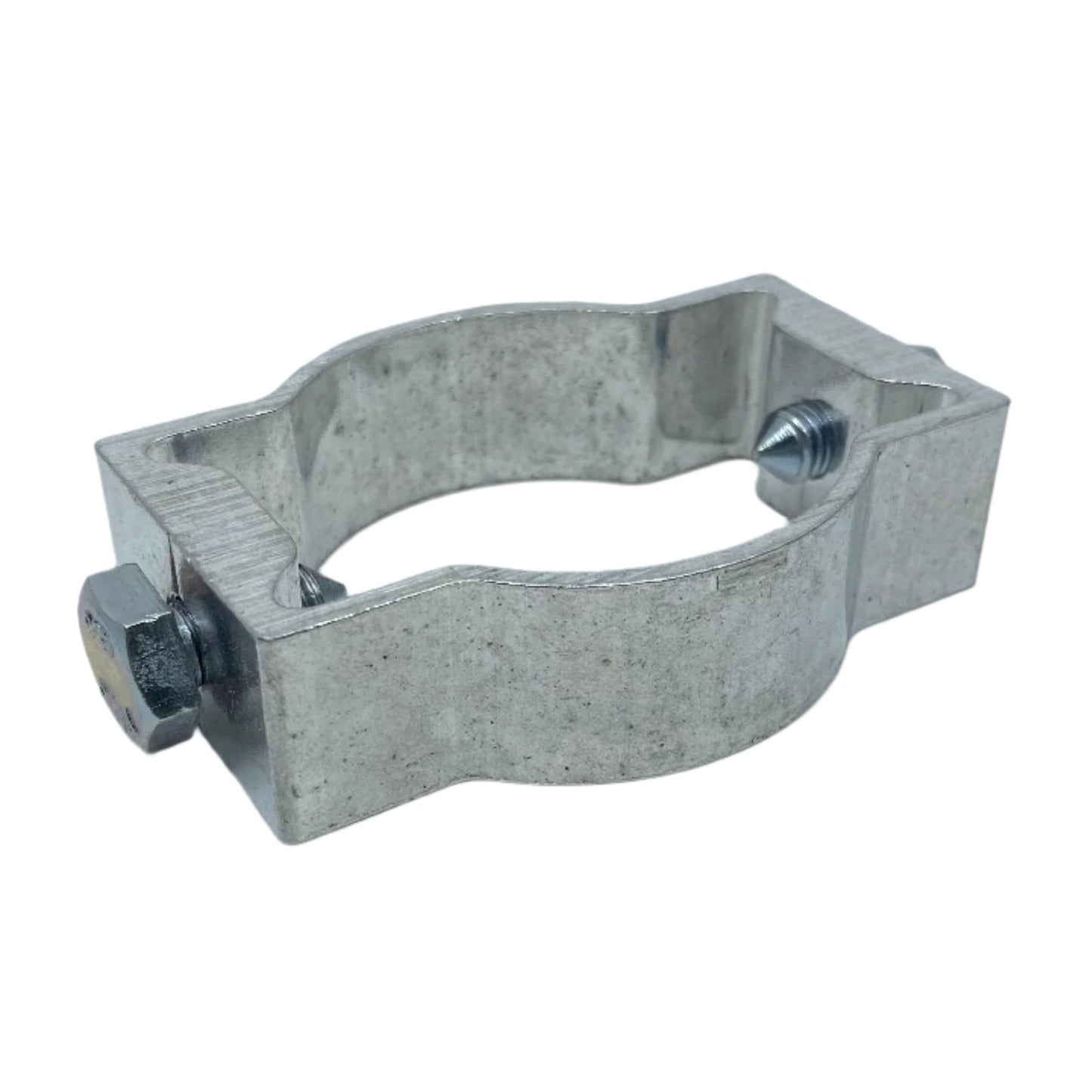 The TD2 Double Sided Sign Bracket is a metal pipe clamp with a circular, textured surface for 60mm posts. It has a visible bolt and nut for secure tightening, perfect for sign bracket applications, displayed on a white background.