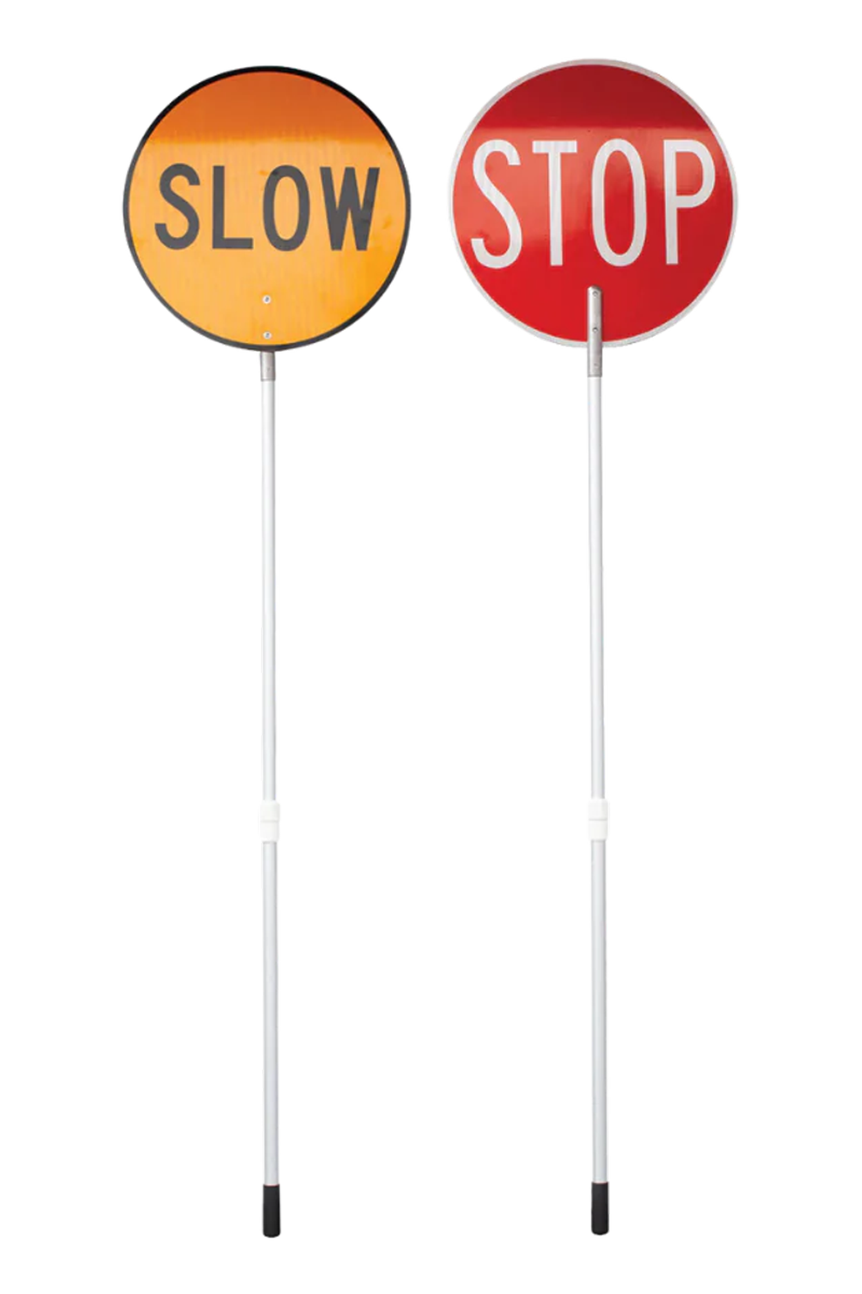 Two round Stop/Slow Batons With Aluminium Telescopic Handle: the left is a reflective yellow stop/slow sign, the right is a red aluminium stop sign. Both have long, convenient telescopic handles for easy use.