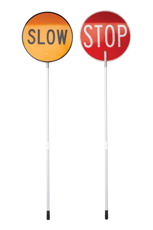 Two round Stop/Slow Batons With Aluminium Telescopic Handle: the left is a reflective yellow stop/slow sign, the right is a red aluminium stop sign. Both have long, convenient telescopic handles for easy use.